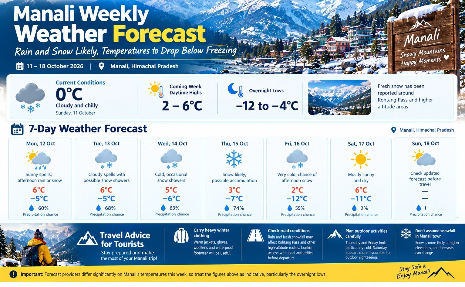 Manali Weekly Weather Forecast: Rain and Snow Likely, Temperatures to Drop Below Freezing